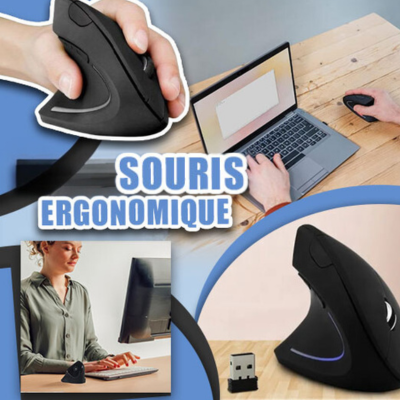 Femme travaillant sur ordinateur portable avec une souris ergonomique verticale sans fil pour un confort optimal.
