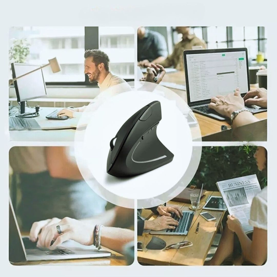 Souris verticale sans fil utilisée par plusieurs professionnels dans un espace de coworking, idéale pour le télétravail.