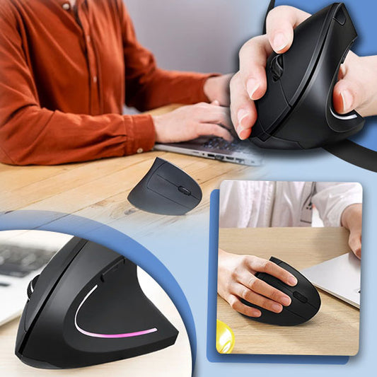 Souris ergonomique verticale noire utilisée au bureau pour soulager les douleurs du poignet et améliorer la posture de travail.