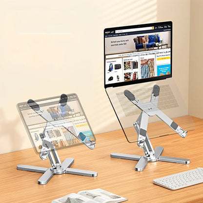 Deux supports ordinateurs portables réglables en aluminium argenté montrant différentes hauteurs pour un télétravail confortable et productif.