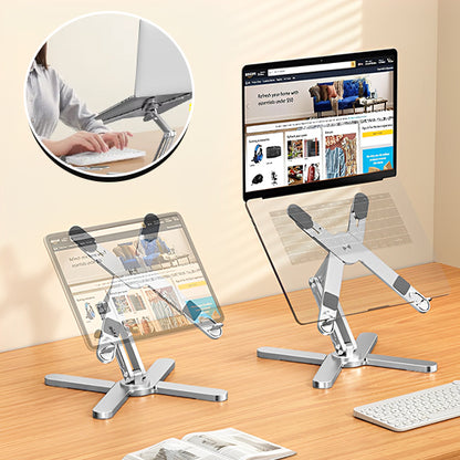 Deux supports ordinateurs portables ajustables en aluminium argenté montrant différentes hauteurs pour un télétravail ergonomique et confortable.
