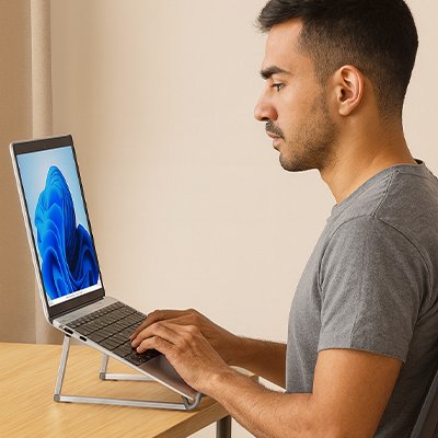 Homme travaillant avec un support ordinateur portable ergonomique pour soulager le dos et le cou