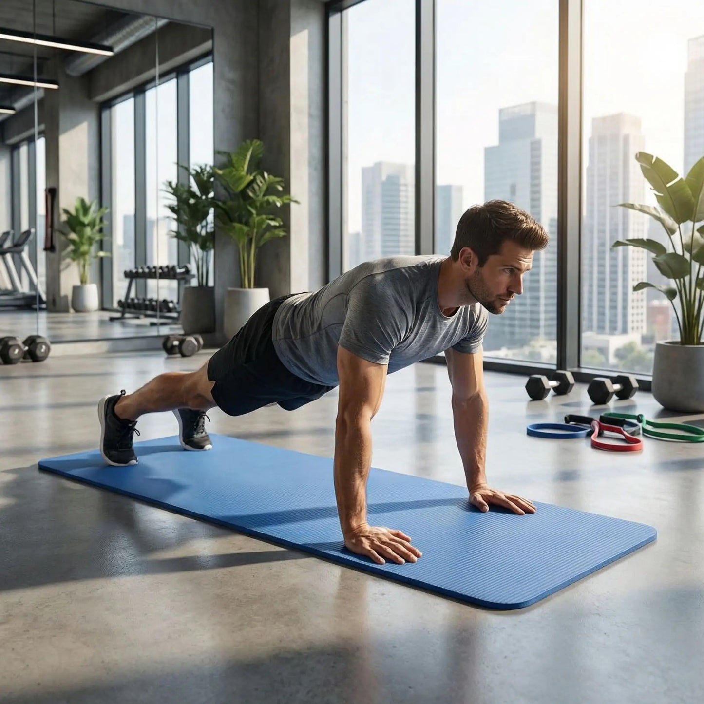 homme dans une salle de sport dans son tapis de sport