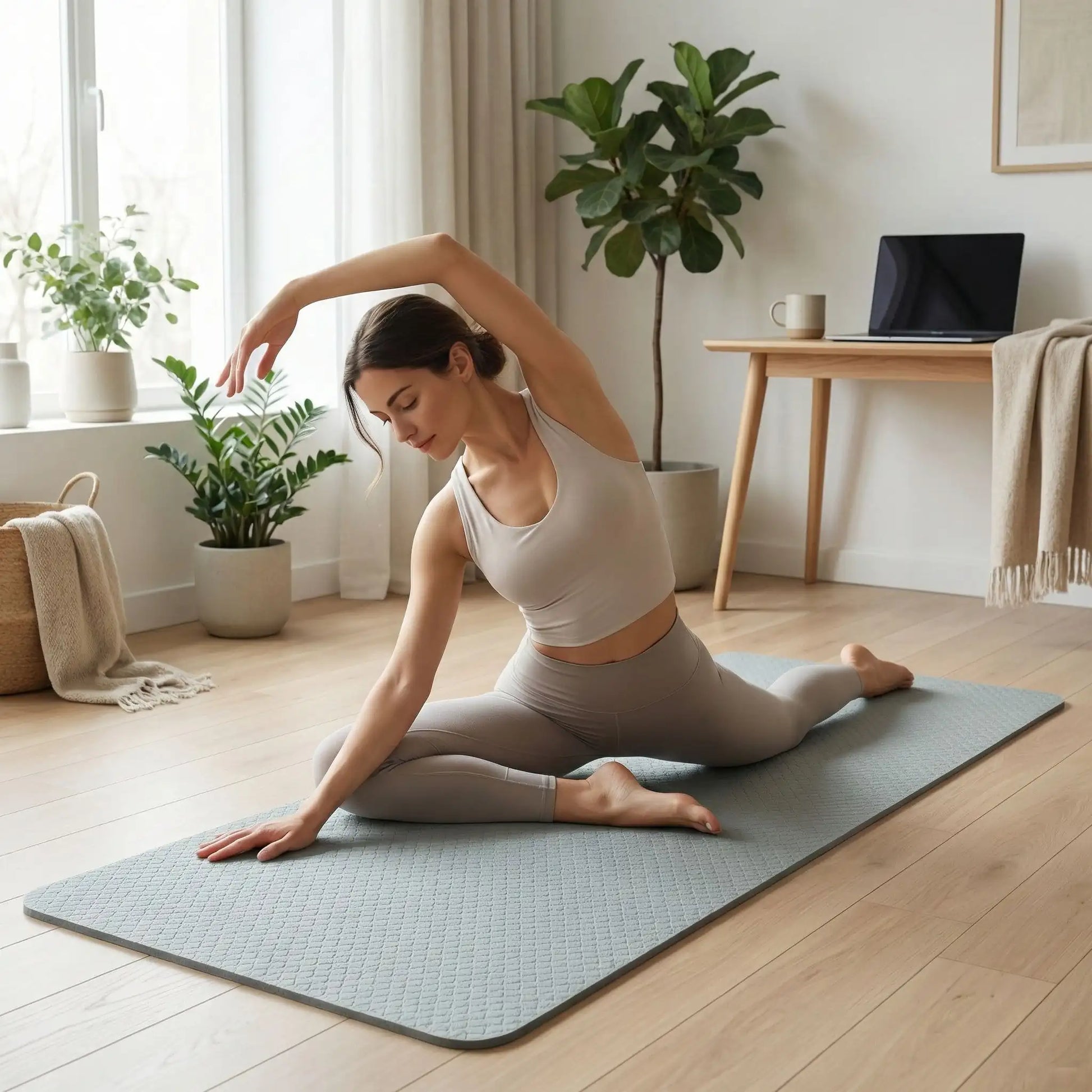 Posture de renforcement musculaire réalisée sur un tapis de gym stable et confortable.