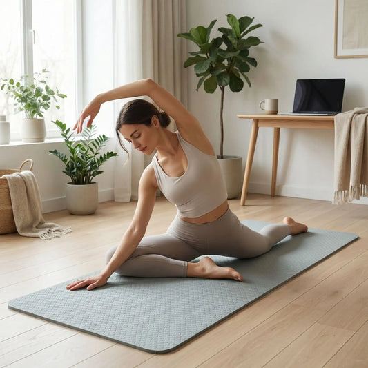 Posture de renforcement musculaire réalisée sur un tapis de gym stable et confortable.