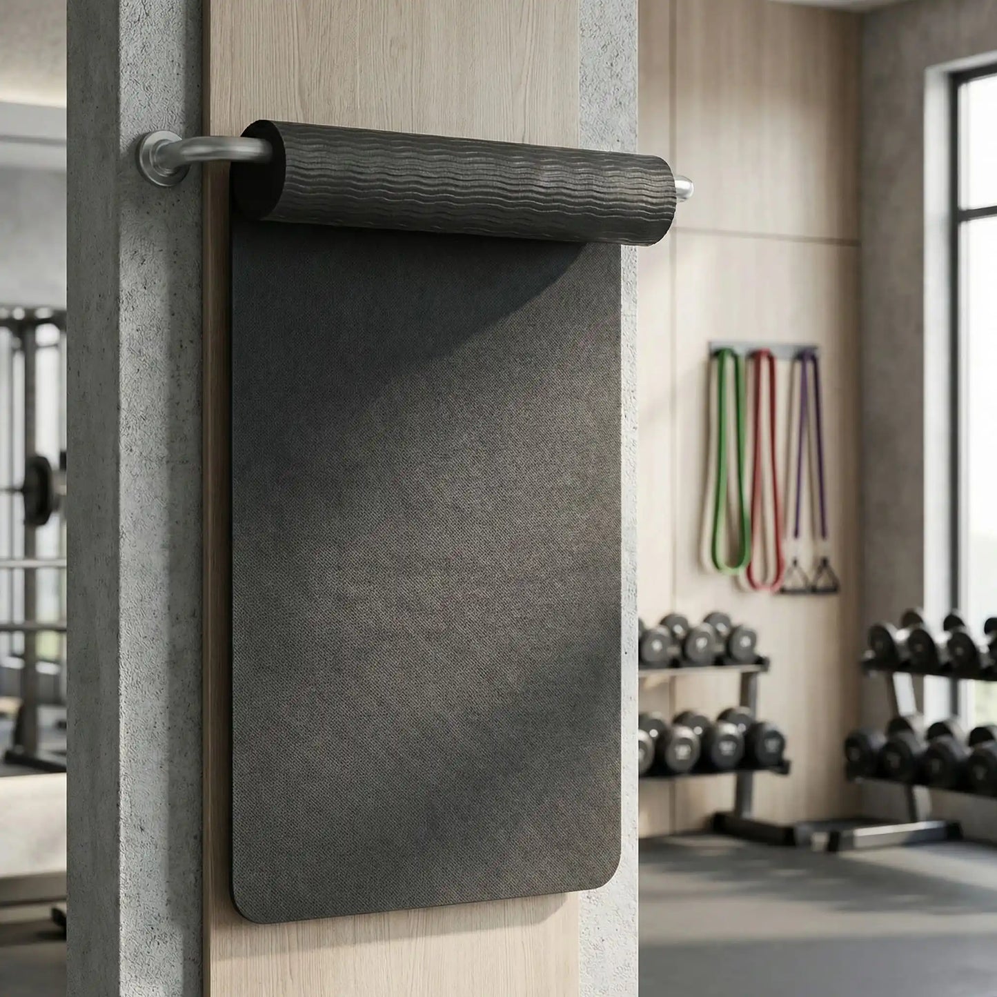 Tapis de yoga noir 6 mm suspendu dans une salle de sport professionnelle avec haltères en arrière-plan