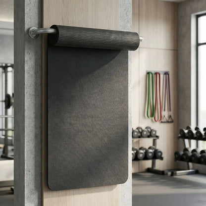 Tapis de yoga noir 6 mm suspendu dans une salle de sport professionnelle avec haltères en arrière-plan