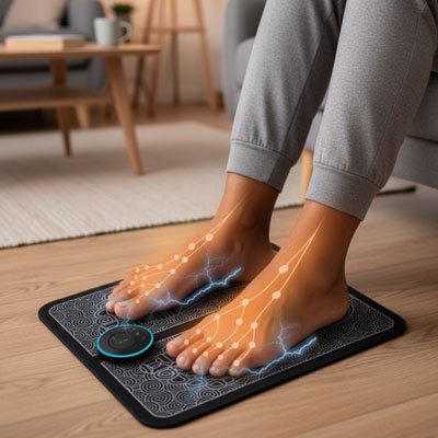 Appareil masseur pieds RelaxFlex utilisé en position assise, montrant la stimulation électrique musculaire EMS le long des jambes pour soulager les douleurs et améliorer la circulation