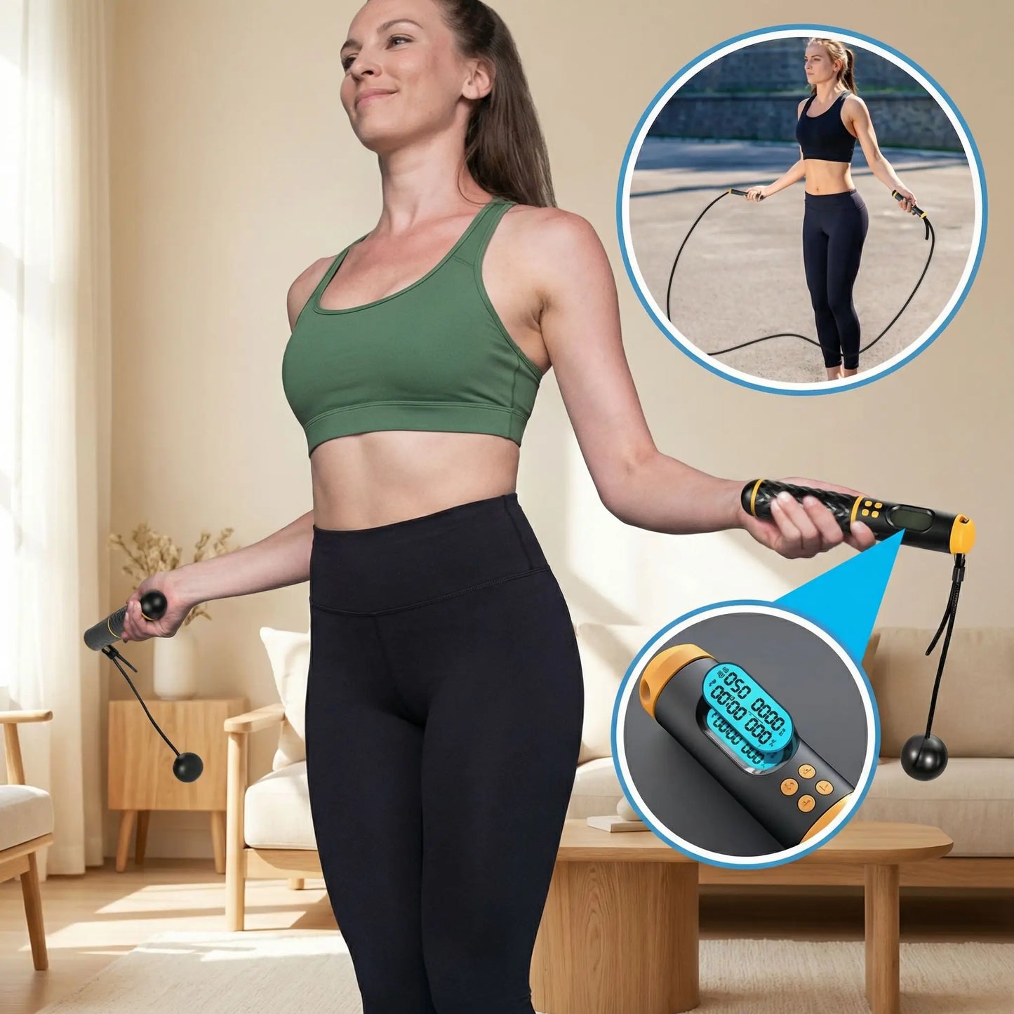 femme utilisant une corde a sauter digitale avec affichage du nombre de sauts et calories brulees