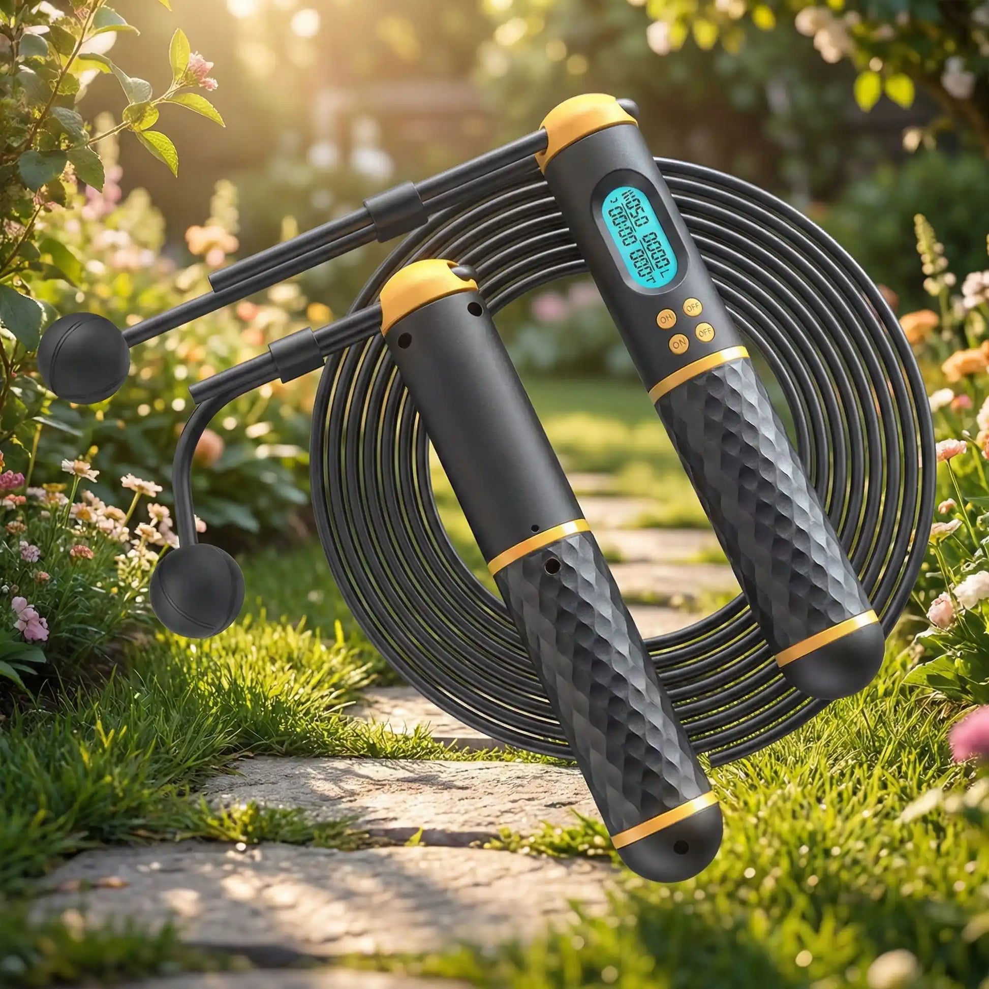 corde a sauter professionnelle avec compteur digital utilisee en exterieur dans un jardin