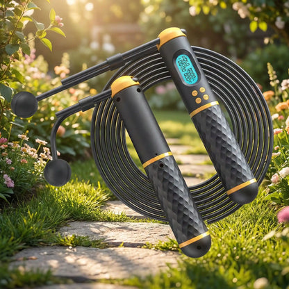 corde a sauter professionnelle avec compteur digital utilisee en exterieur dans un jardin