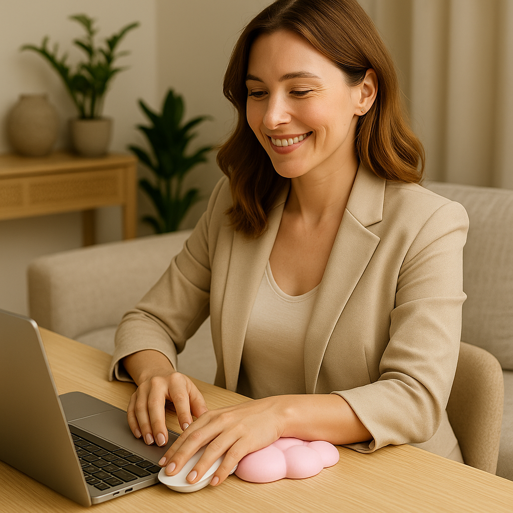Femme souriante en télétravail, utilisant une souris avec la main posée sur un repose-poignet rose en forme de nuage, illustrant confort et ergonomie au bureau.