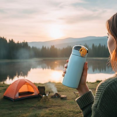 gourde isotherme 460 ml en acier inoxydable utilisée en extérieur au coucher du soleil