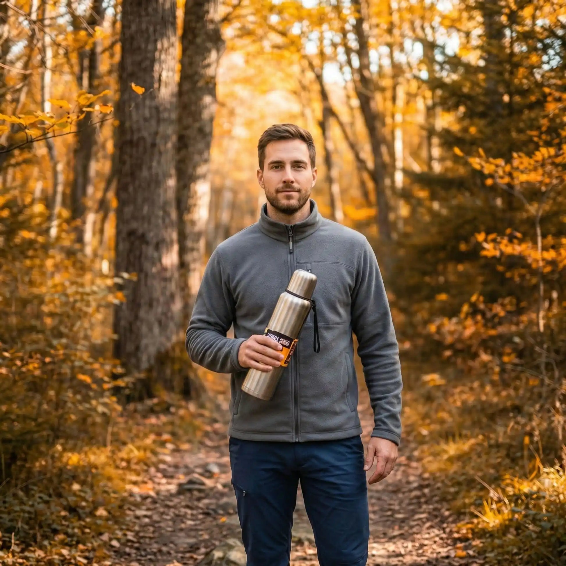 homme marchant en forêt avec gourde isotherme inox