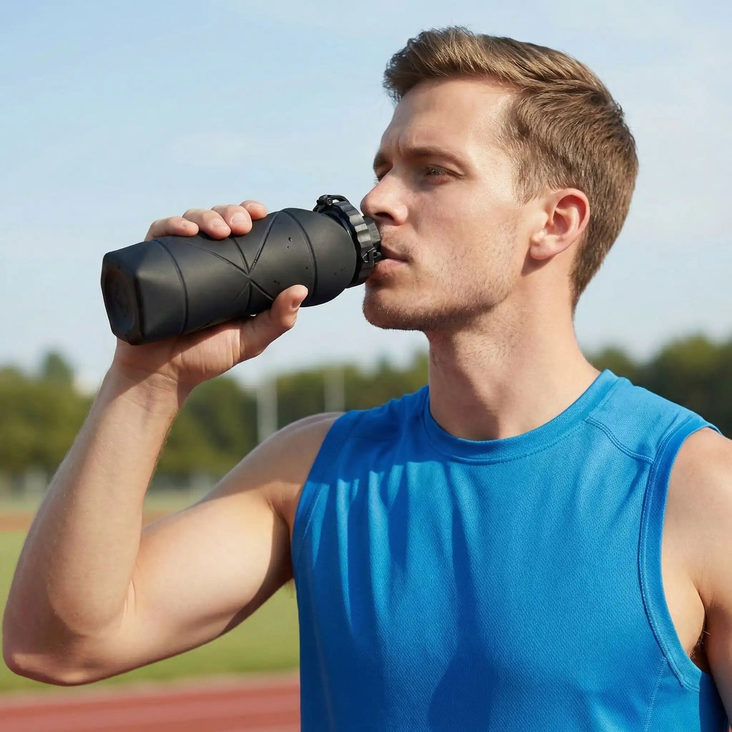 homme buvant avec une gourde pour le sport pliable en silicone