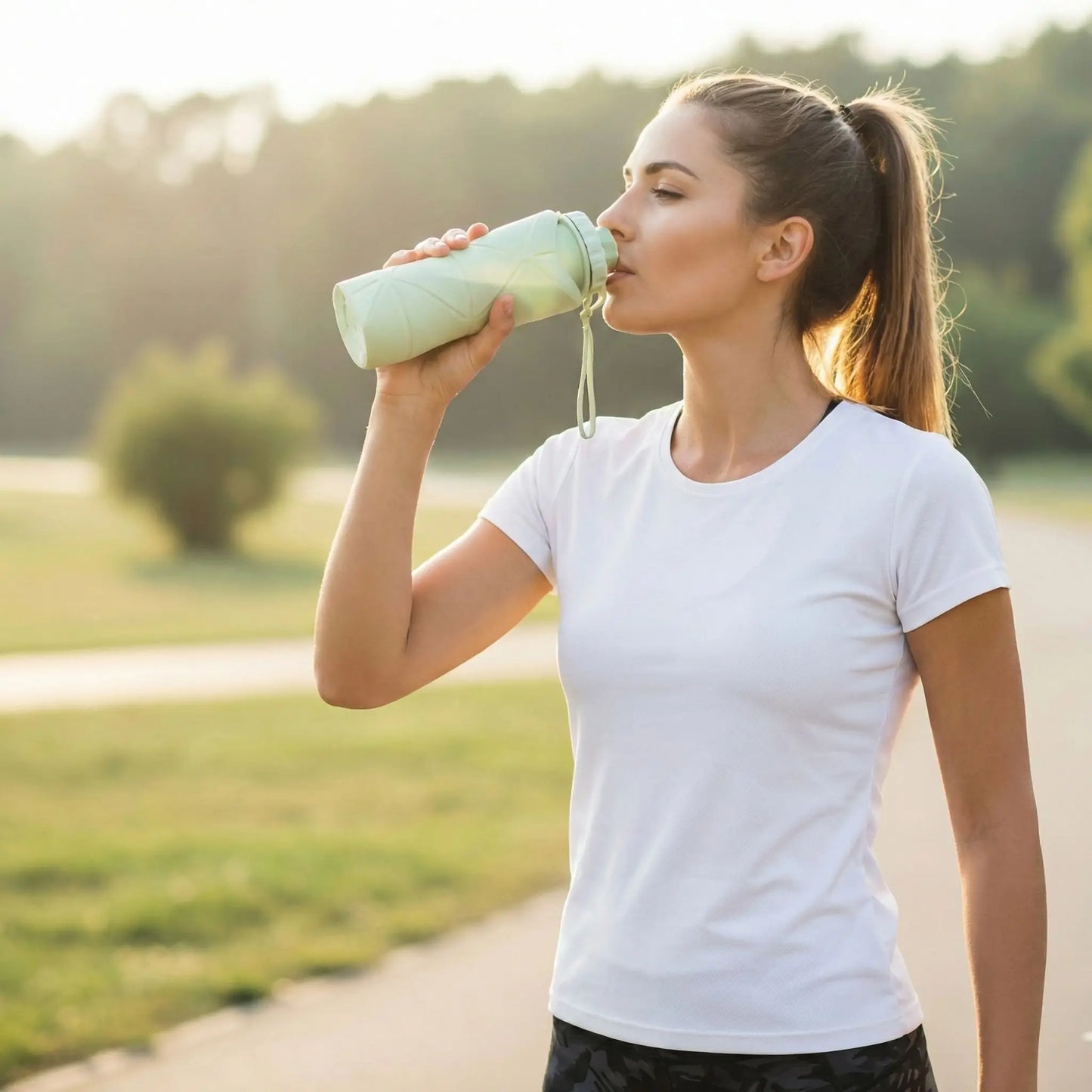 femme utilisant une gourde sport pliable pendant séance