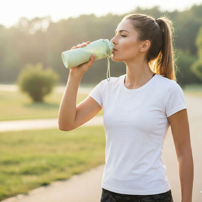 femme utilisant une gourde sport pliable pendant séance