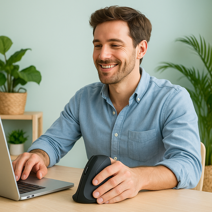 Homme détendu travaillant avec une souris ergonomique dans un environnement apaisant