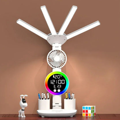 lampe de bureau multifonction avec bras led réglables, horloge digitale et porte-stylos