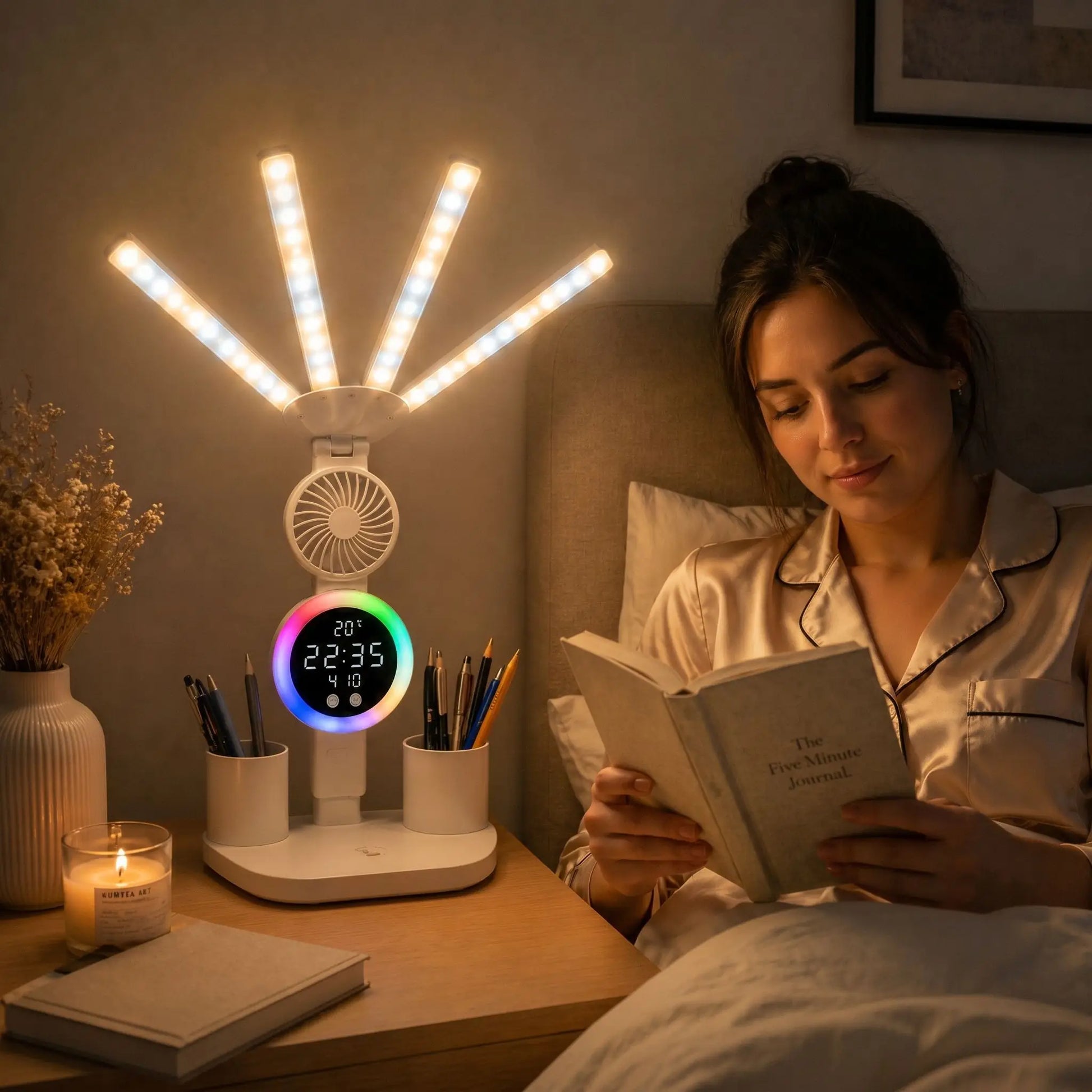 femme sur son lit entrain de lire un livre avec sa lampe de bureau