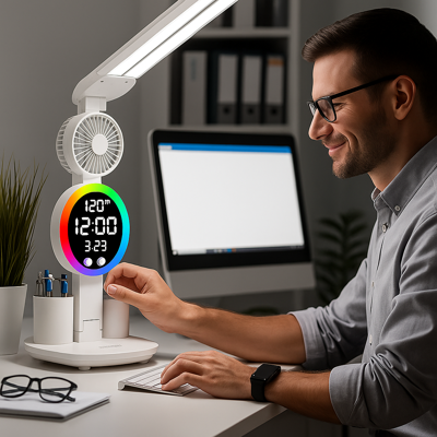 lampe de bureau multifonction 3-en-1 avec horloge digitale, ventilateur et led utilisée par un homme au travail