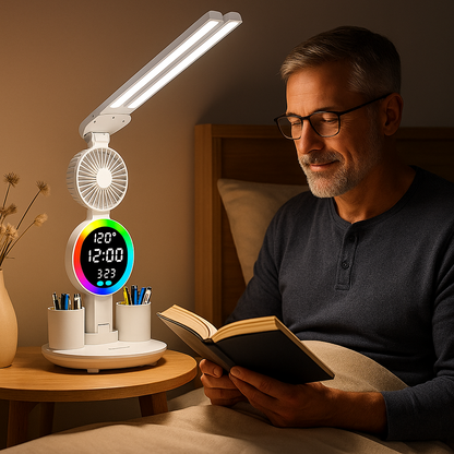 lampe de bureau multifonction avec led allumée, horloge digitale et ventilateur utilisée comme lampe de chevet par un homme de 50 ans