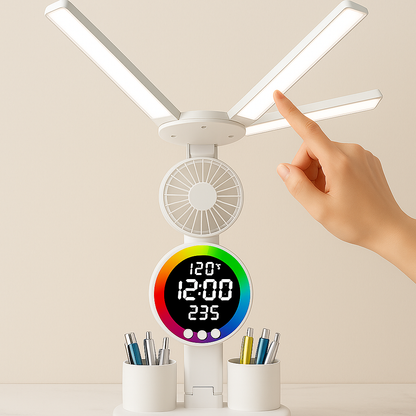 lampe de bureau multifonction tactile avec bras LED réglables, horloge digitale et ventilateur sur un bureau en marbre