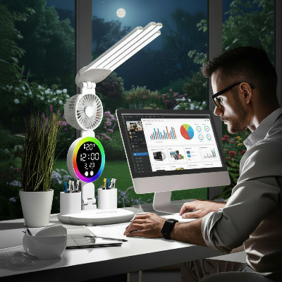 lampe de bureau multifonction avec éclairage led, ventilateur intégré et horloge digitale pour adultes