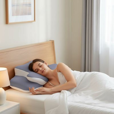 femme dormant sur oreiller cervical ergonomique a memoire de forme