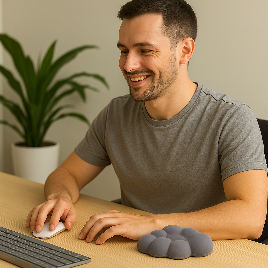 homme souriant travaille dans son salon et pose le repose poignet gris ergonomique à côté de sa main