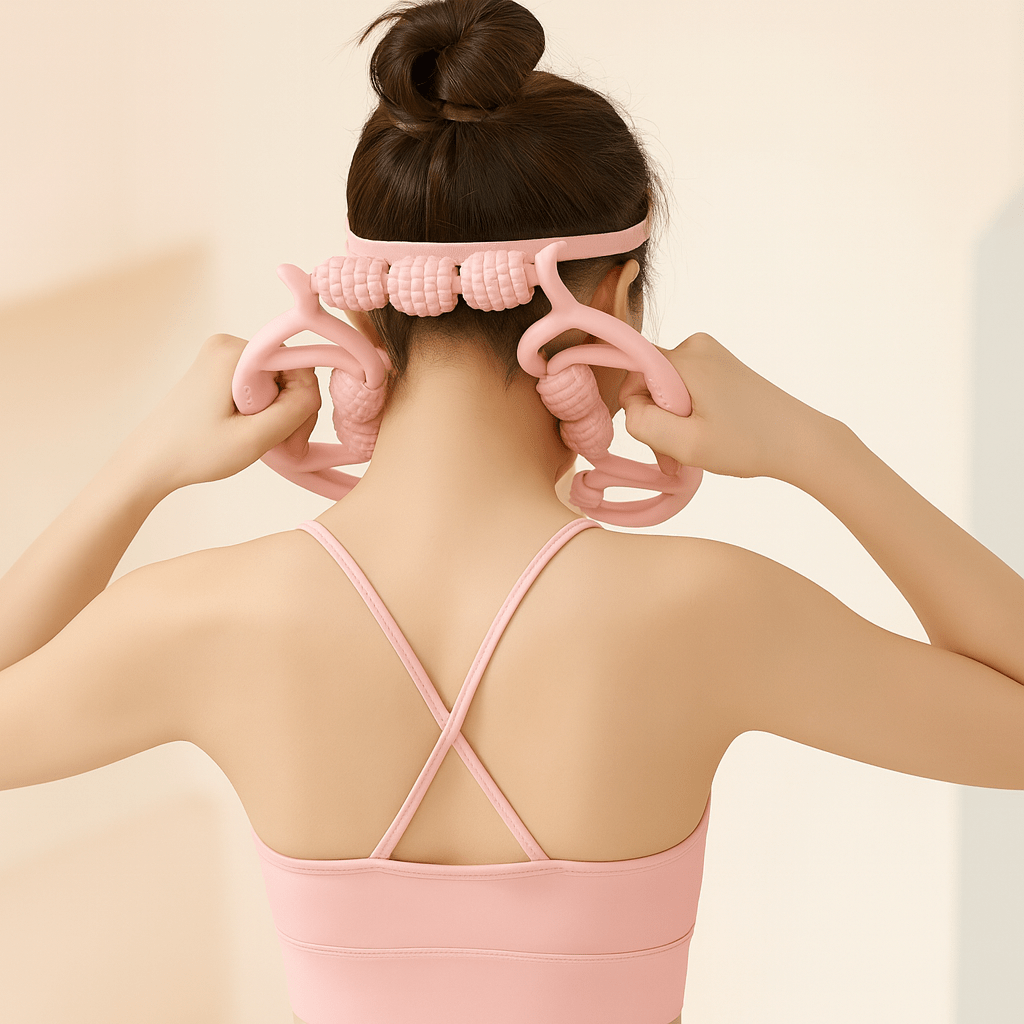 Femme relaxant ses muscles du dos et de la nuque avec le rouleau de massage rose