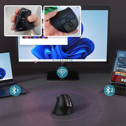 Vue latérale d’une souris ergonomique avec molette et boutons triple connectivité USB et Bluetooth

