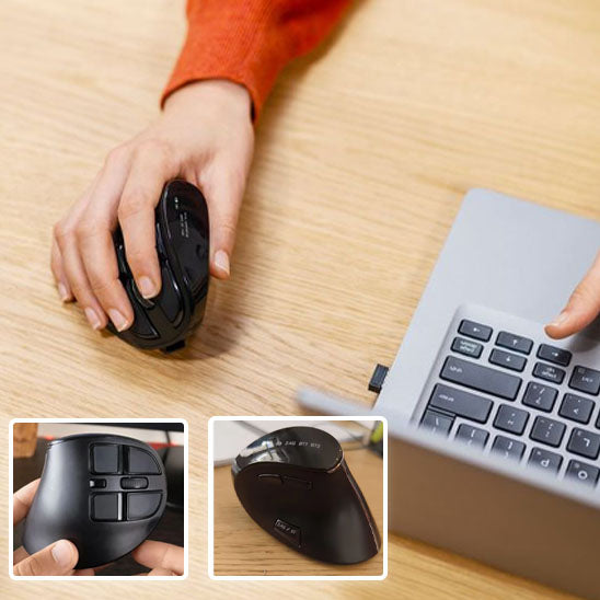 Profil de la souris verticale ErgoZen montrant l’angle ergonomique et la position naturelle de la main