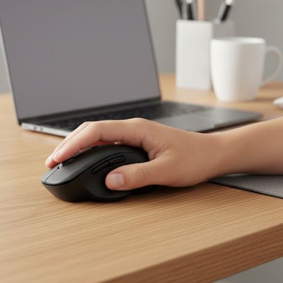 souris ergonomique verticale utilisée sur un bureau pour réduire les douleurs au poignet