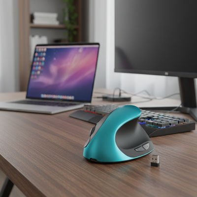 souris ergonomique verticale sans fil posée sur un bureau de travail