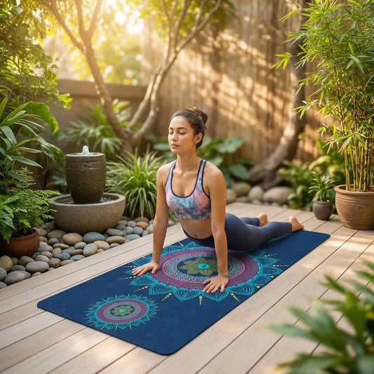tapis de yoga 183x80 cm antidérapant TPE mandala bleu en extérieur