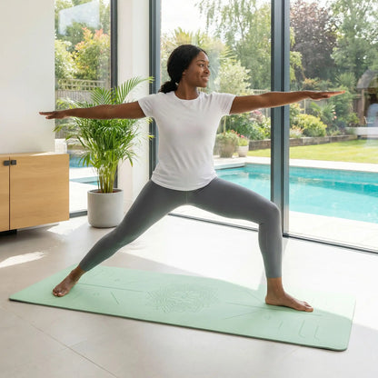 Femme en posture guerrier sur tapis de yoga antidérapant 6mm