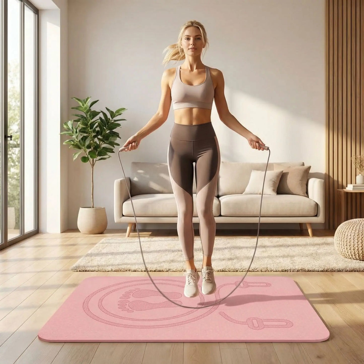 femme saute sur son tapis de sport rose