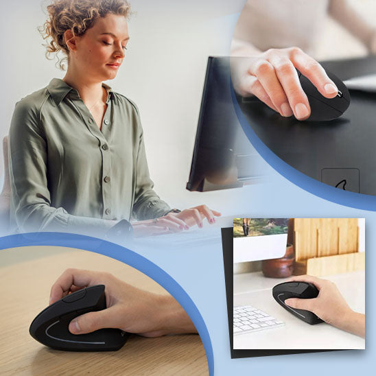 Utilisation d’une souris ergonomique verticale ergonomique noire au bureau, offrant un confort accru et une meilleure prise en main.