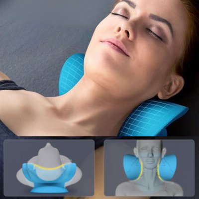Coussin cervical ergonomique bleu maintenant la courbure naturelle du cou et soutenant la tête en position allongée.