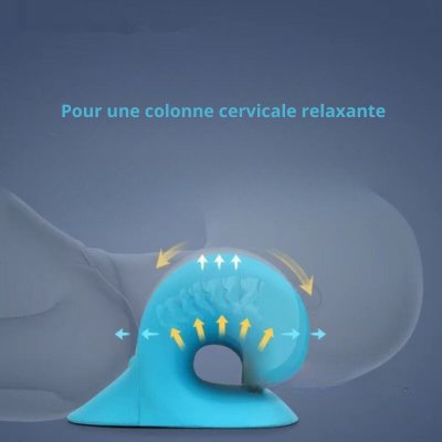Coussin cervical ergonomique bleu illustrant le soutien de la nuque et la détente de la colonne cervicale.