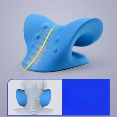 Illustration du coussin cervical ergonomique bleu montrant la bonne position de la colonne vertébrale.