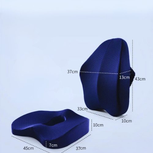 Ensemble de coussins orthopédiques de siège et dossier bleu marine avec dimensions détaillées pour un ajustement ergonomique sur tout type de chaise.