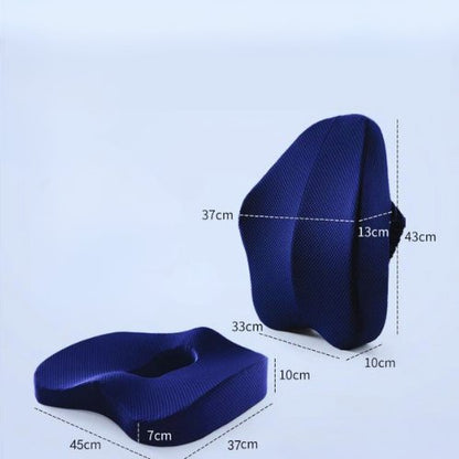 Ensemble de coussins orthopédiques de siège et dossier bleu marine avec dimensions détaillées pour un ajustement ergonomique sur tout type de chaise.