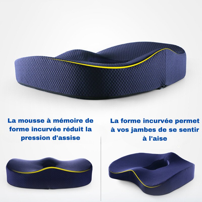 Coussin orthopédique de siège en mousse à mémoire de forme bleue, avec forme incurvée réduisant la pression et améliorant le confort des jambes.