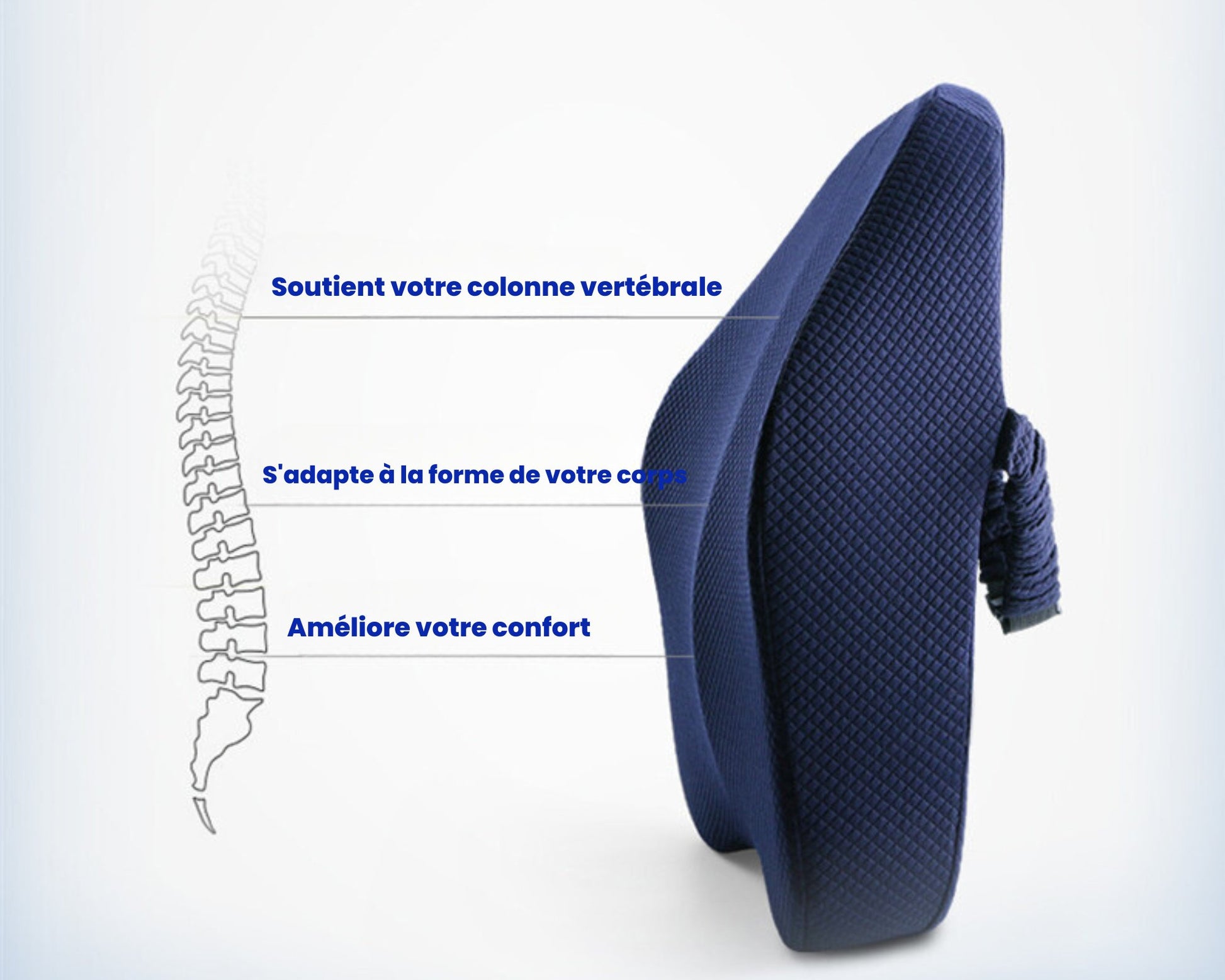 Coussin orthopédique de siège bleu soutenant la colonne vertébrale, s’adaptant à la forme du corps et améliorant le confort en position assise.