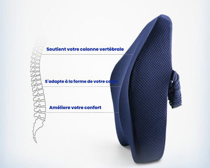 Coussin orthopédique de siège bleu soutenant la colonne vertébrale, s’adaptant à la forme du corps et améliorant le confort en position assise.