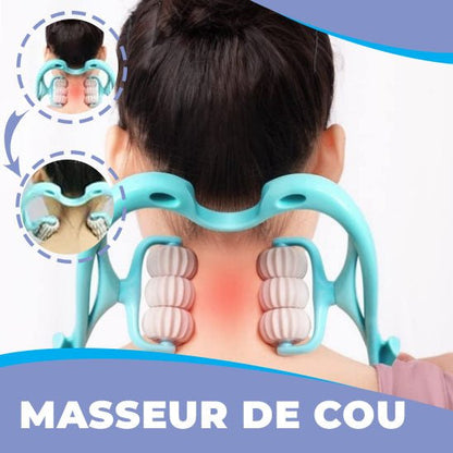 Masseur de cou ergonomique utilisé pour détendre les cervicales et réduire les raideurs du cou après une longue journée.