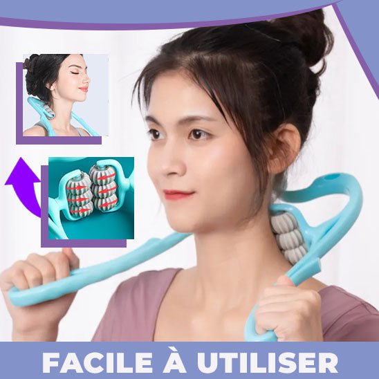 Femme souriante utilisant un masseur de cou ergonomique pour détendre les muscles du cou et favoriser la relaxation.