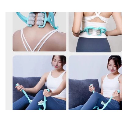 Femme utilisant un masseur de cou manuel sur différentes zones du corps : dos, épaules et jambes pour une relaxation complète.